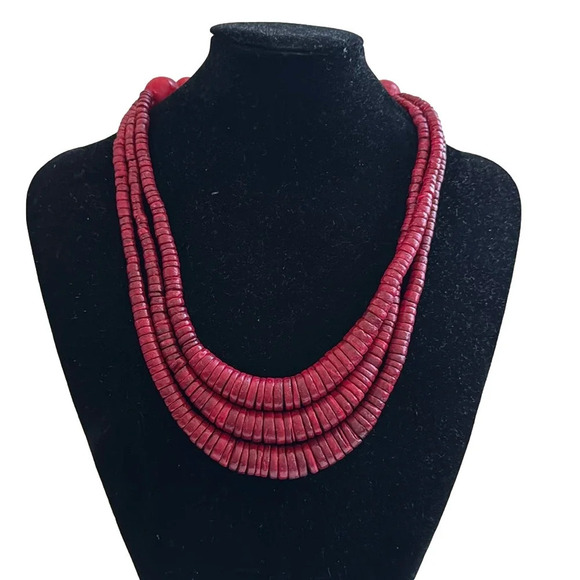 Decouture 3 strand red wooden bead necklace - Picture 1 of 6